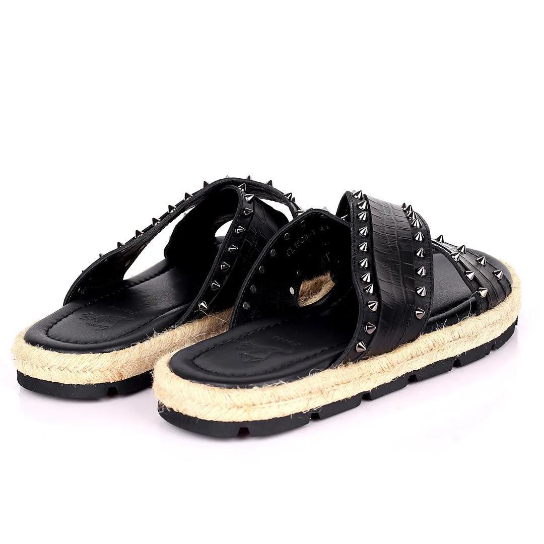 Salv Spike And Cow Hide Designed Original Cross Leather Slippers - Black
