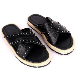 Salv Spike And Cow Hide Designed Original Cross Leather Slippers - Black