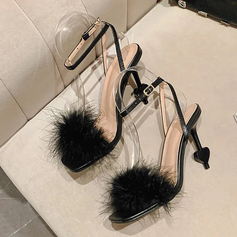 Sexy Ankle Strap Strange High Heels Fluffy Feather Women Sandals