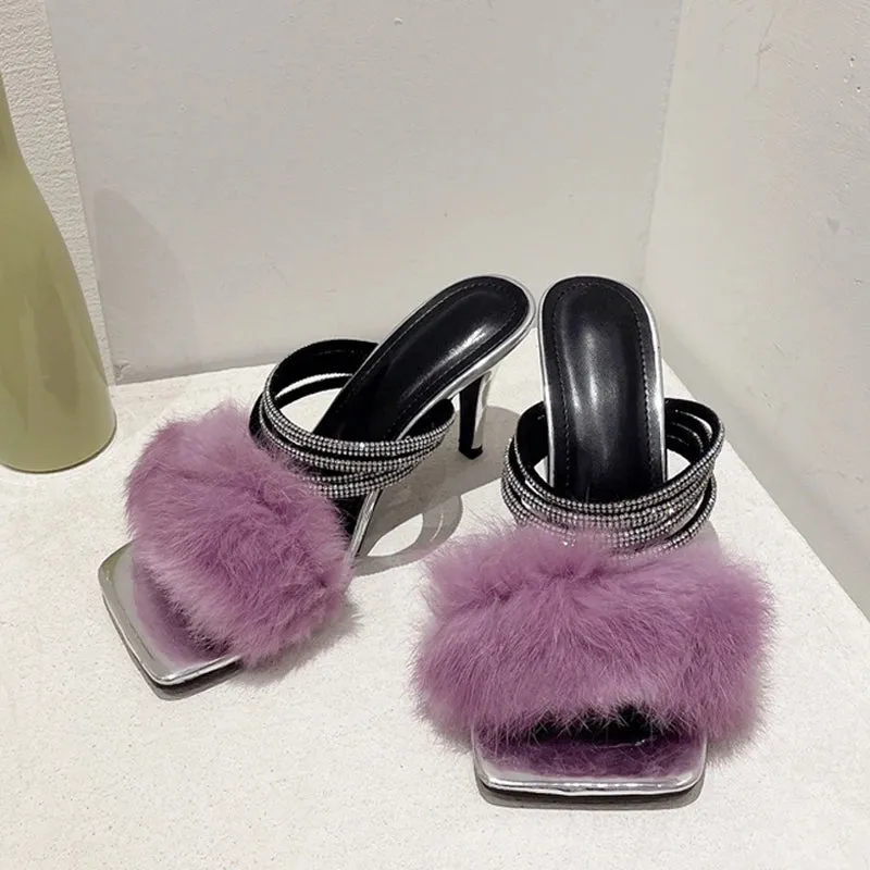 Sexy Street Woman Square Toe Thin High Heels Slippers
