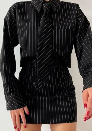 Sophisticated Pinstripe Long-Sleeve Shirt and Mini Skirt Set