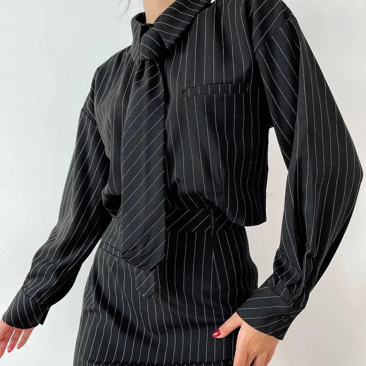 Sophisticated Pinstripe Long-Sleeve Shirt and Mini Skirt Set