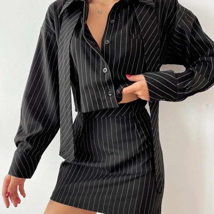 Sophisticated Pinstripe Long-Sleeve Shirt and Mini Skirt Set
