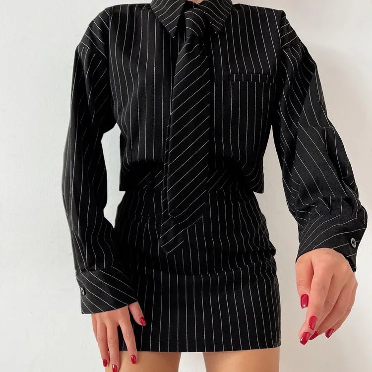Sophisticated Pinstripe Long-Sleeve Shirt and Mini Skirt Set