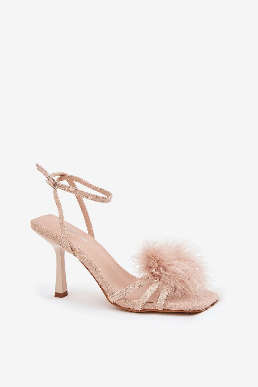 Step in Style Eco Suede Beige Stiletto Heel Sandals with Feathers