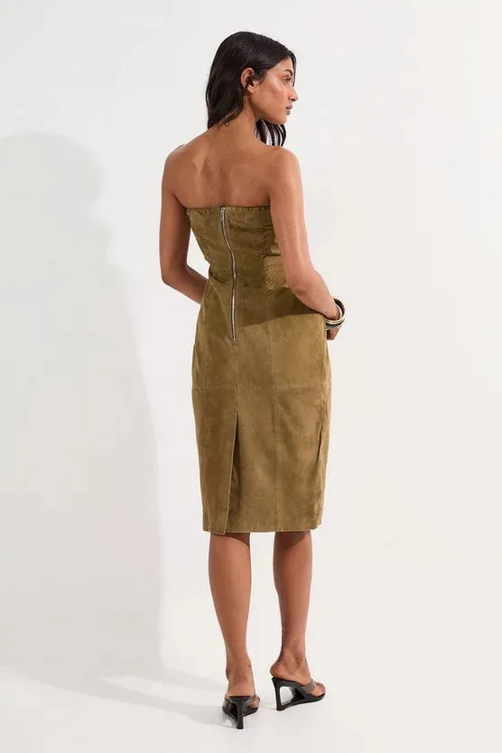 Suede Whipstitch Detail Bandeau Midi Dress