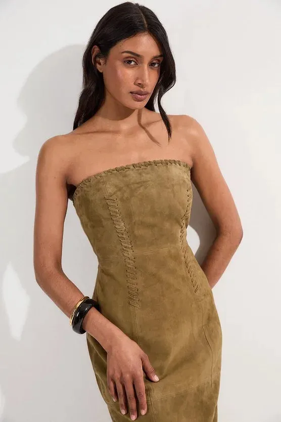 Suede Whipstitch Detail Bandeau Midi Dress