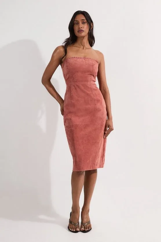 Suede Whipstitch Detail Bandeau Midi Dress
