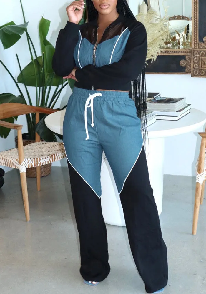 Trendy Denim Patchwork Hoodie and Jogger Two-Piece Set