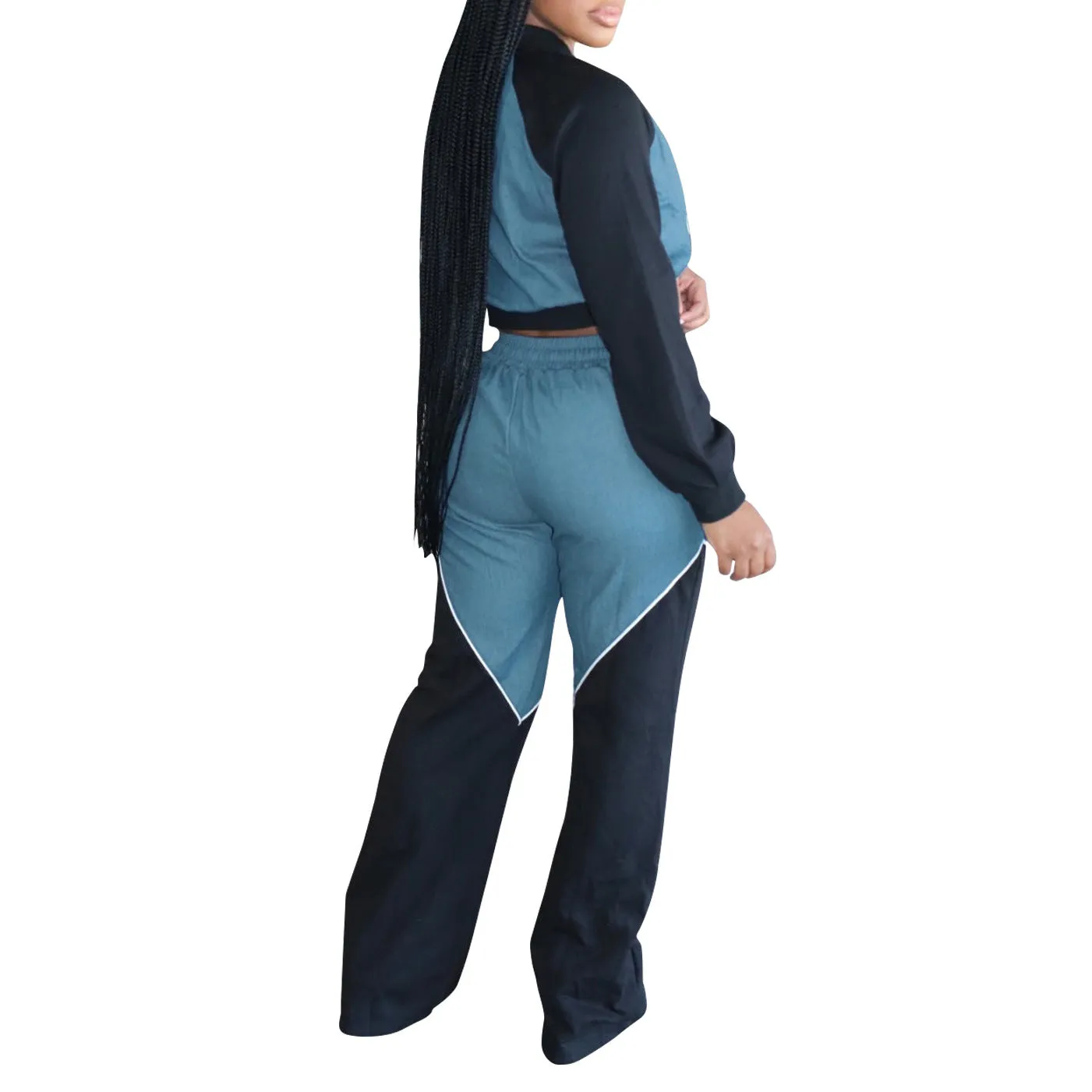 Trendy Denim Patchwork Hoodie and Jogger Two-Piece Set