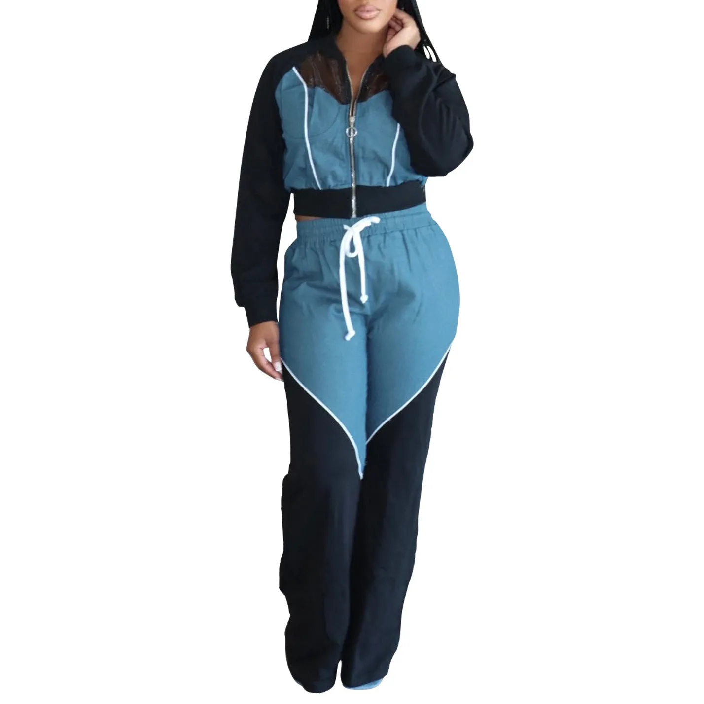 Trendy Denim Patchwork Hoodie and Jogger Two-Piece Set