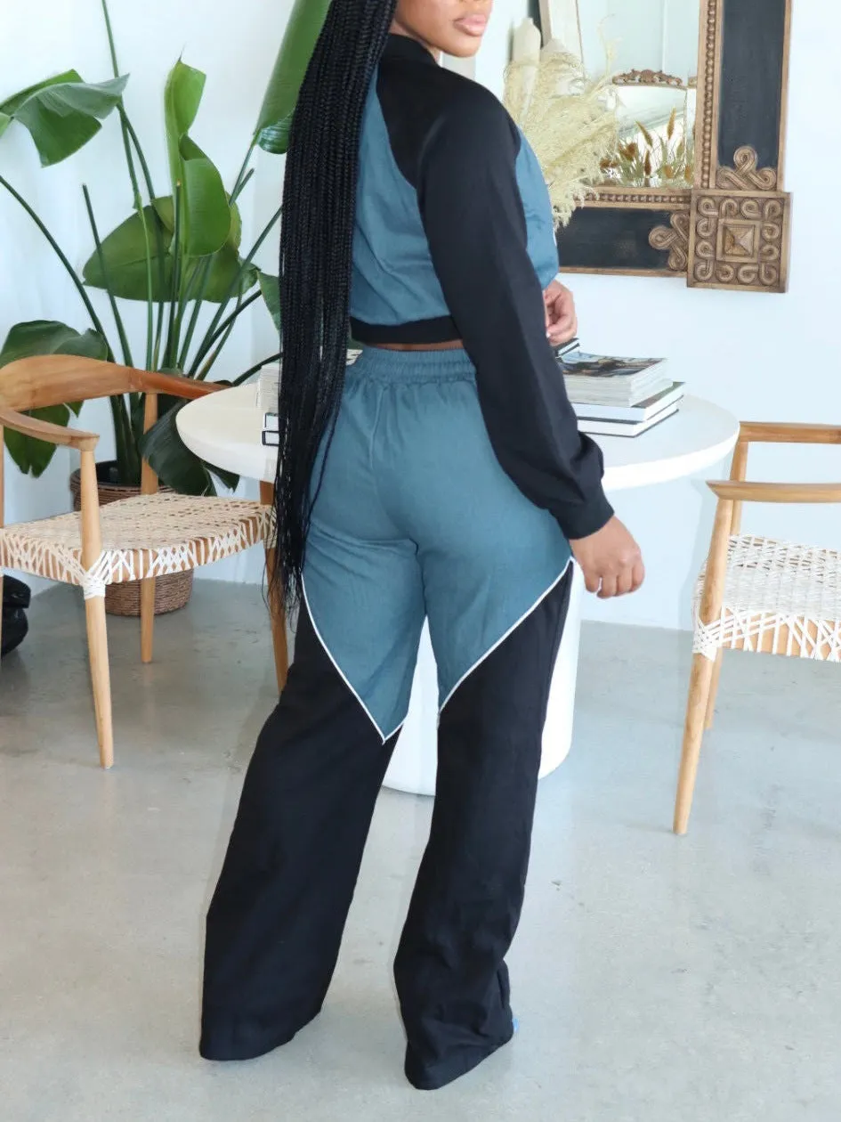 Trendy Denim Patchwork Hoodie and Jogger Two-Piece Set