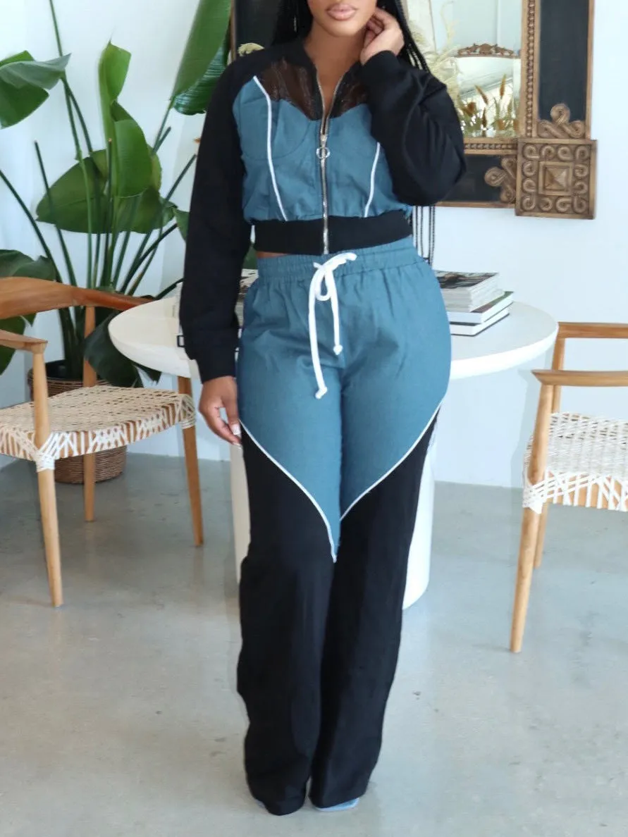 Trendy Denim Patchwork Hoodie and Jogger Two-Piece Set