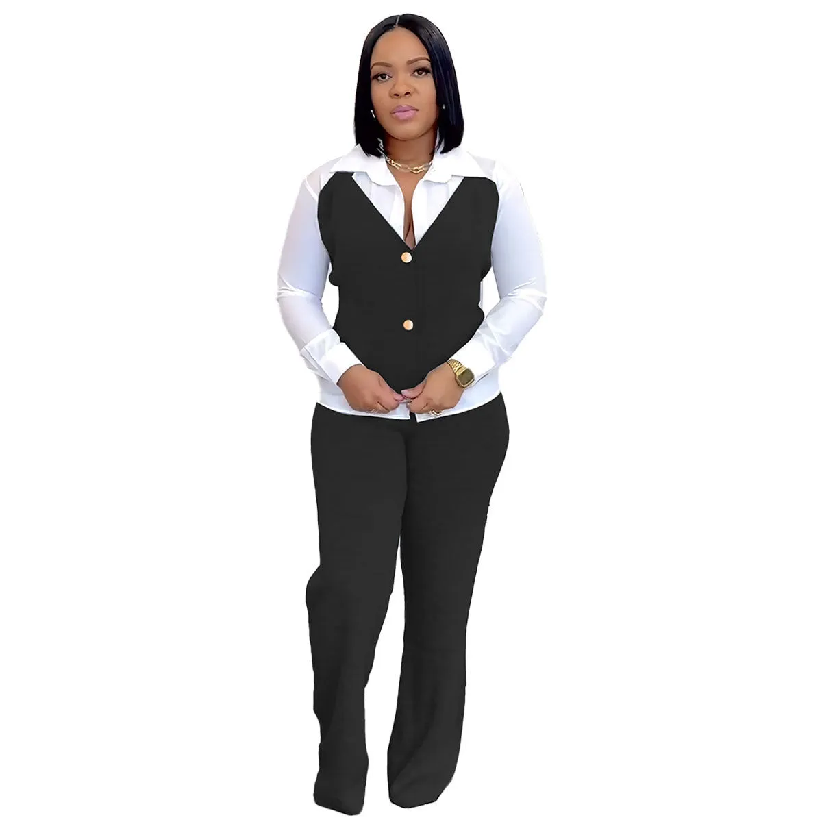 Trendy Fake Two-Piece Patchwork Shirt Vest and Pants Set for Effortless Style