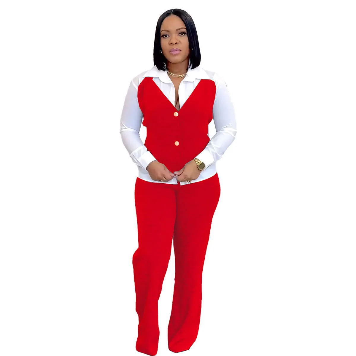 Trendy Fake Two-Piece Patchwork Shirt Vest and Pants Set for Effortless Style