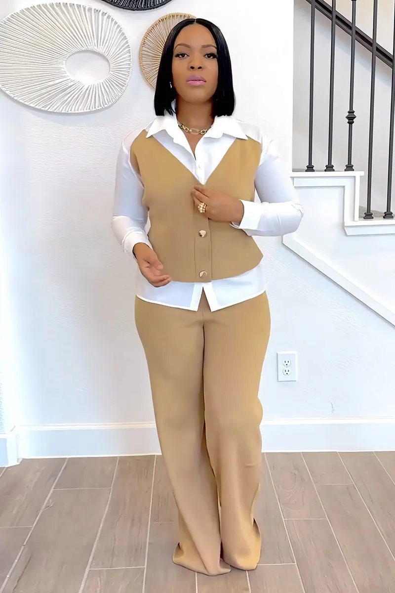 Trendy Fake Two-Piece Patchwork Shirt Vest and Pants Set for Effortless Style