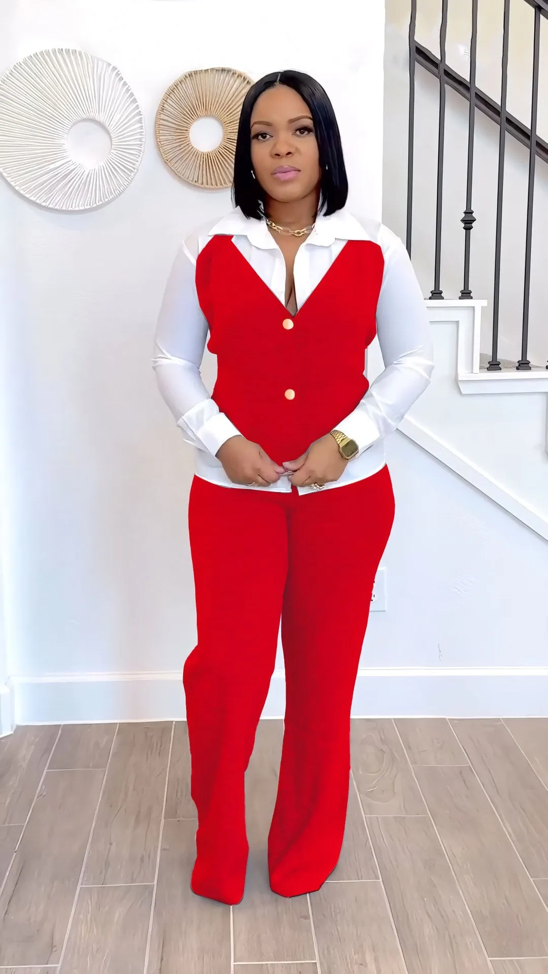 Trendy Fake Two-Piece Patchwork Shirt Vest and Pants Set for Effortless Style