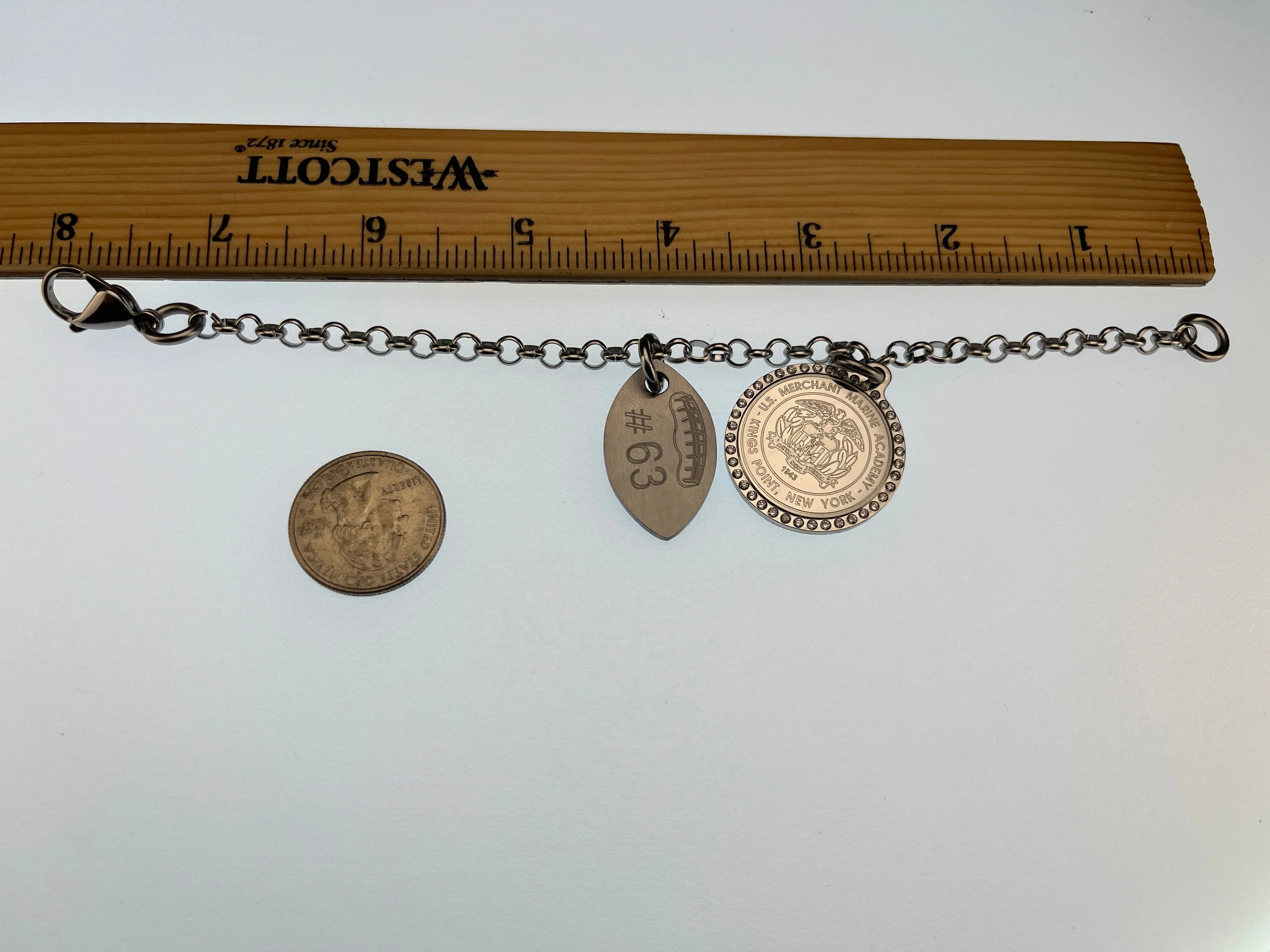 USMMA US Merchant Marine Academy KP football charm and  CZ bling round logo pendant on stainless steel rolo braceletchain