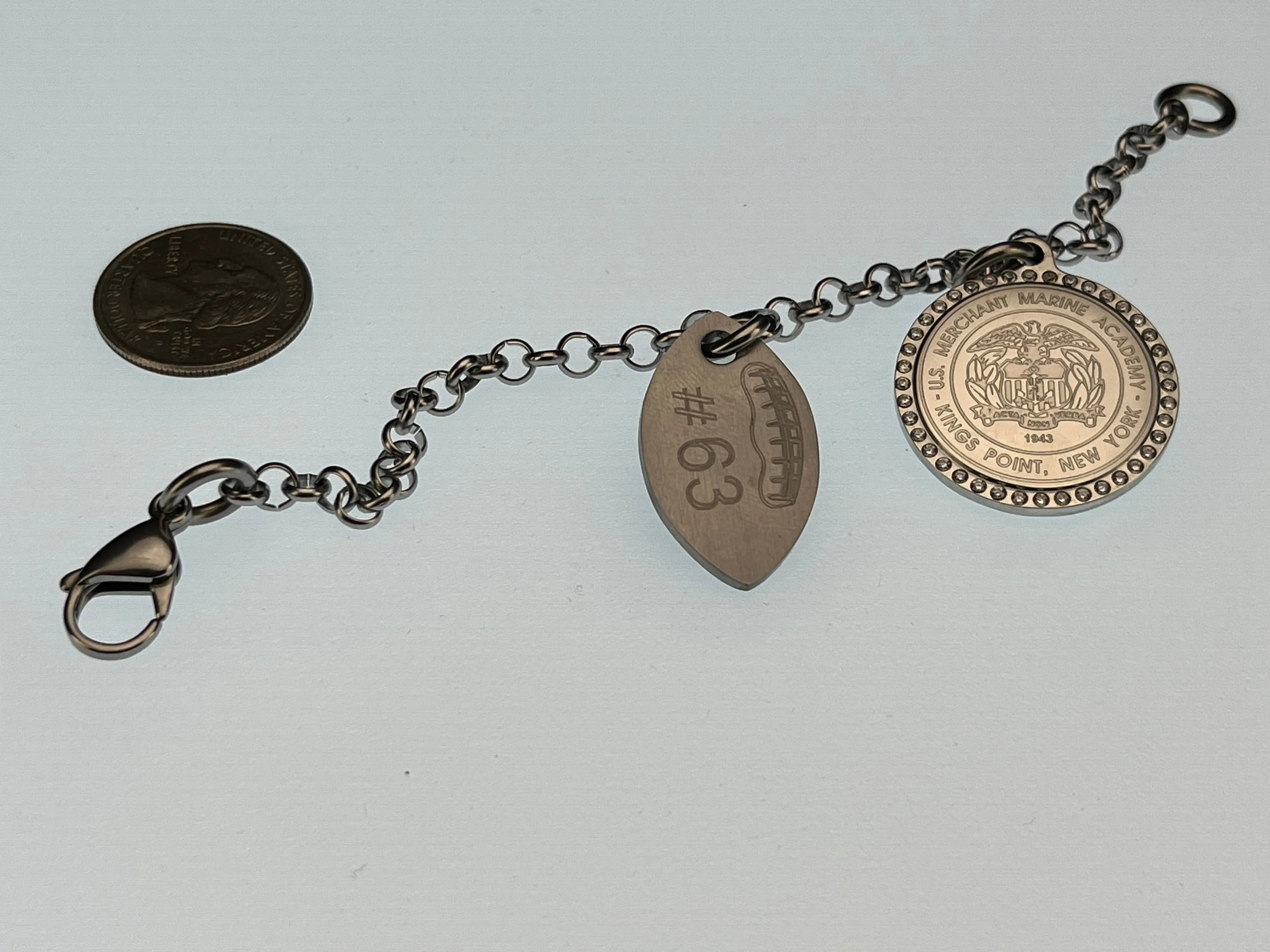 USMMA US Merchant Marine Academy KP football charm and  CZ bling round logo pendant on stainless steel rolo braceletchain