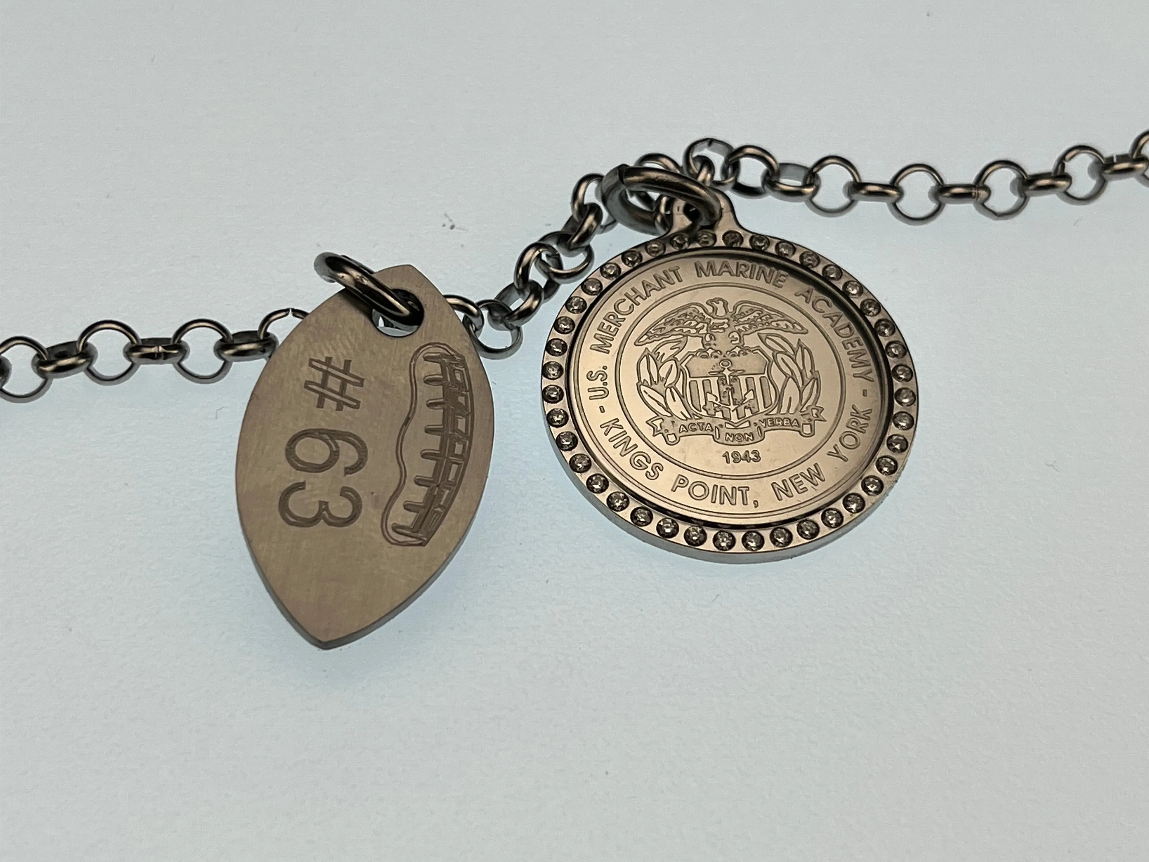 USMMA US Merchant Marine Academy KP football charm and  CZ bling round logo pendant on stainless steel rolo braceletchain