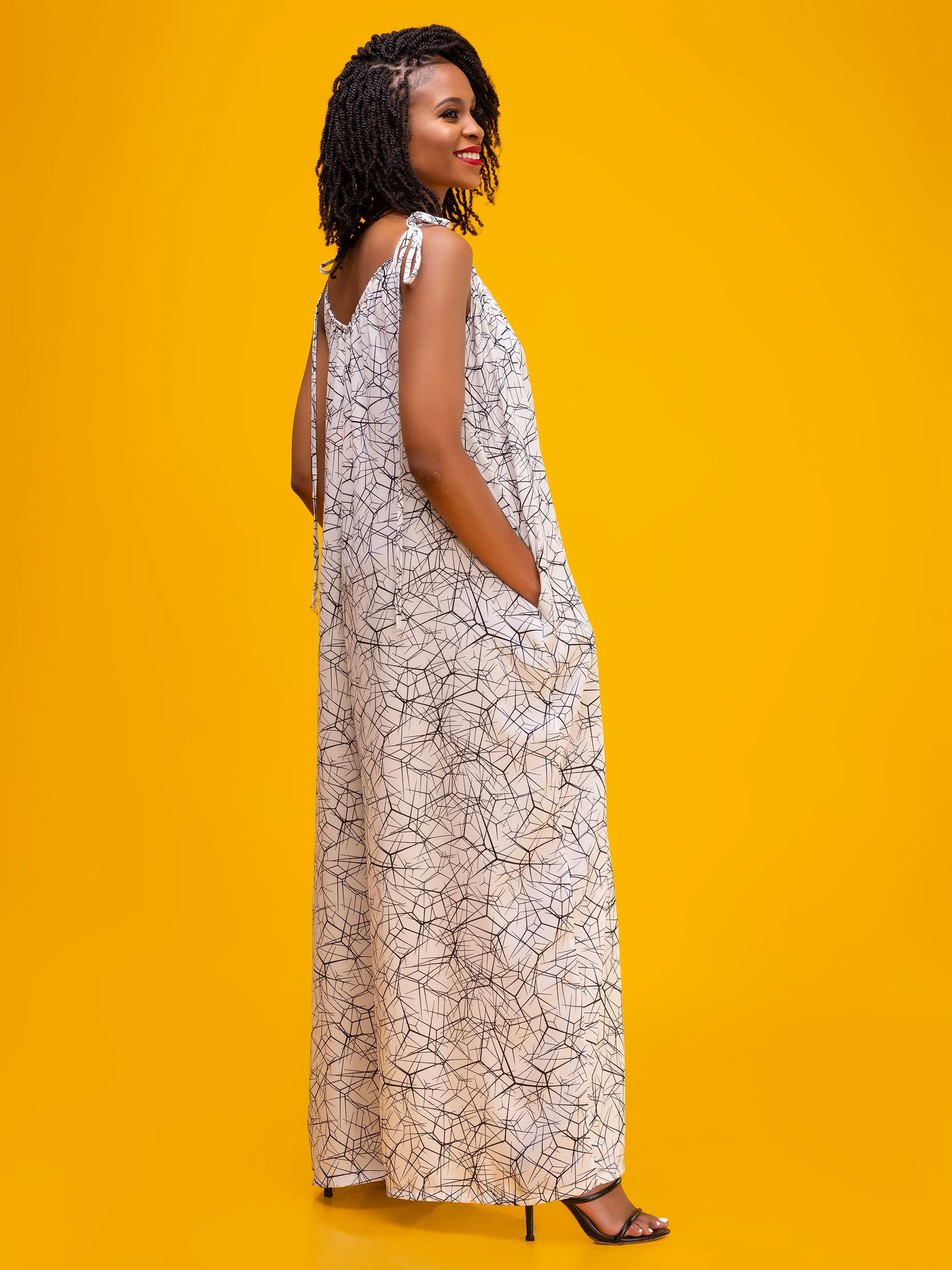Vivo Diani Strappy Jumpsuit - White Geo Print