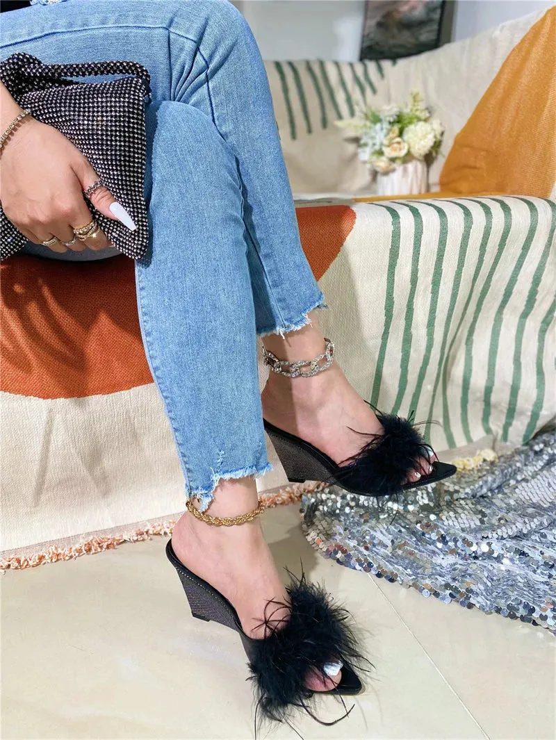 VougeVamp Blue Fluffy Feather Wedge Slippers - Pointed Toe High Heel Summer Sandals for Women