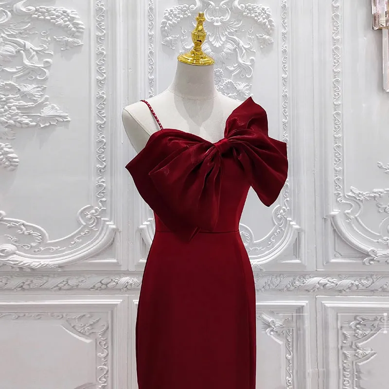 Wine Red Mermaid Evening Gown with Leg Slit, Straps Long Prom Dresses