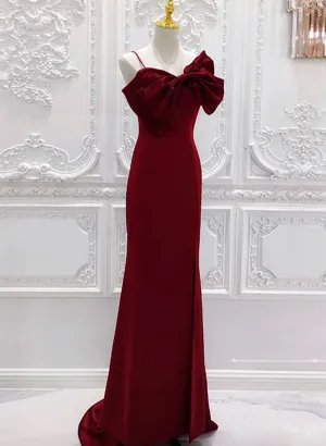 Wine Red Mermaid Evening Gown with Leg Slit, Straps Long Prom Dresses