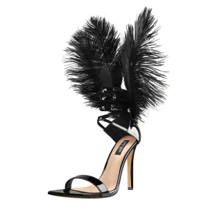 Women Black Feather Back Stiletto 10CM High Heels Single Band Lace Up Sandals