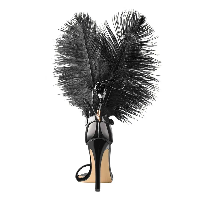 Women Black Feather Back Stiletto 10CM High Heels Single Band Lace Up Sandals