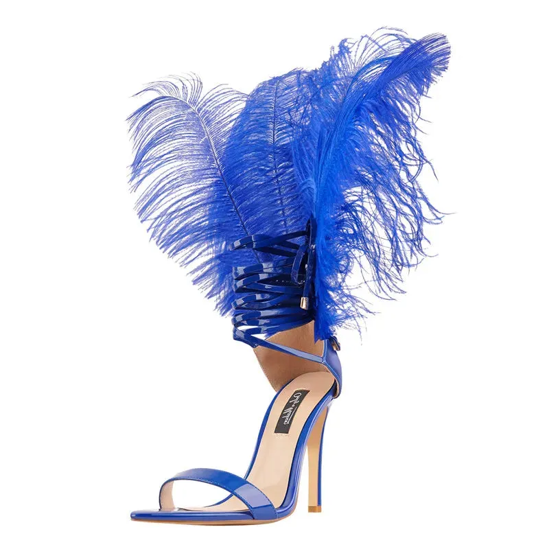 Women Black Feather Back Stiletto 10CM High Heels Single Band Lace Up Sandals