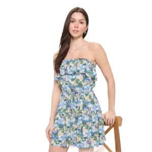 Women's Berry Floral Ruffle Tube Top Mini Dress in Blue Beige - A Blend of Elegance & Comfort