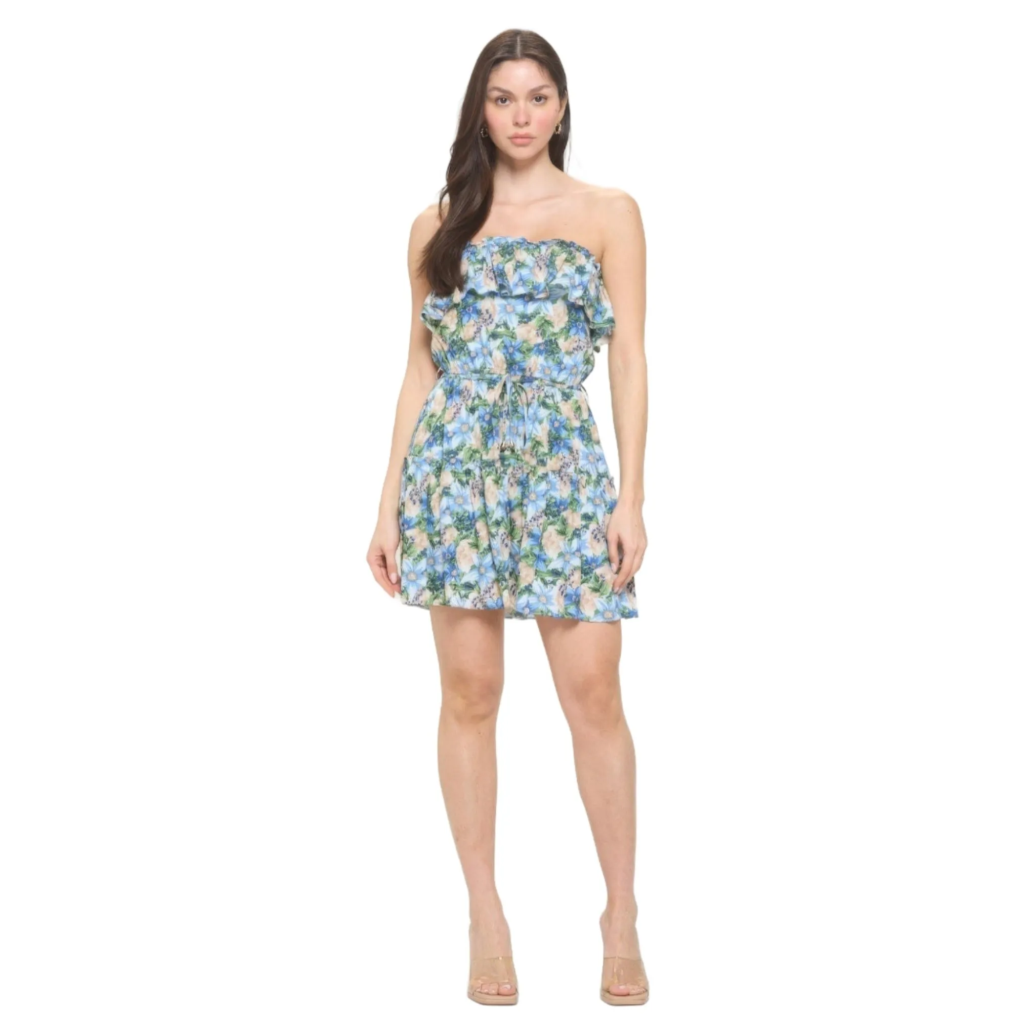 Women's Berry Floral Ruffle Tube Top Mini Dress in Blue Beige - A Blend of Elegance & Comfort